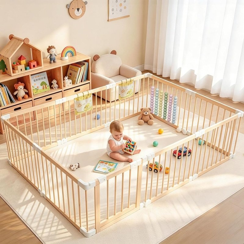 Close-up of the child-safe door latch on the HutoCada playpen