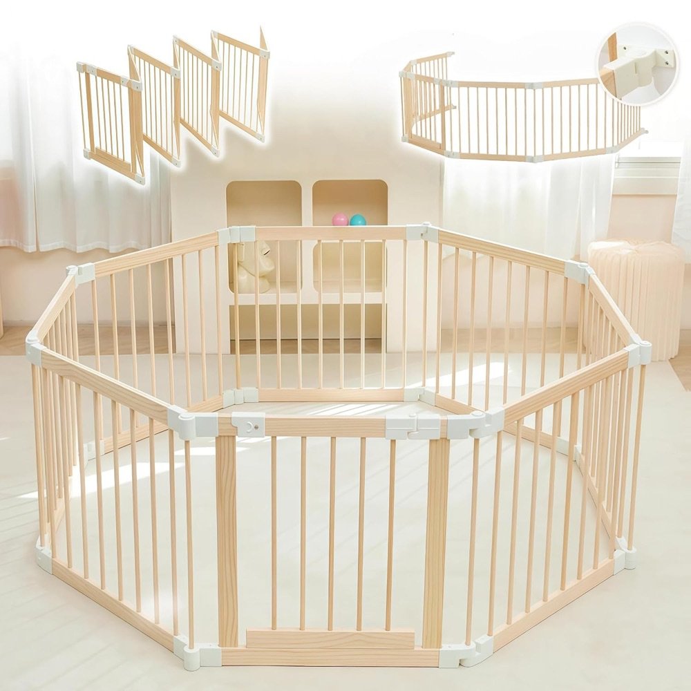 HutoCada foldable wooden playpen for toddlers, fully set up